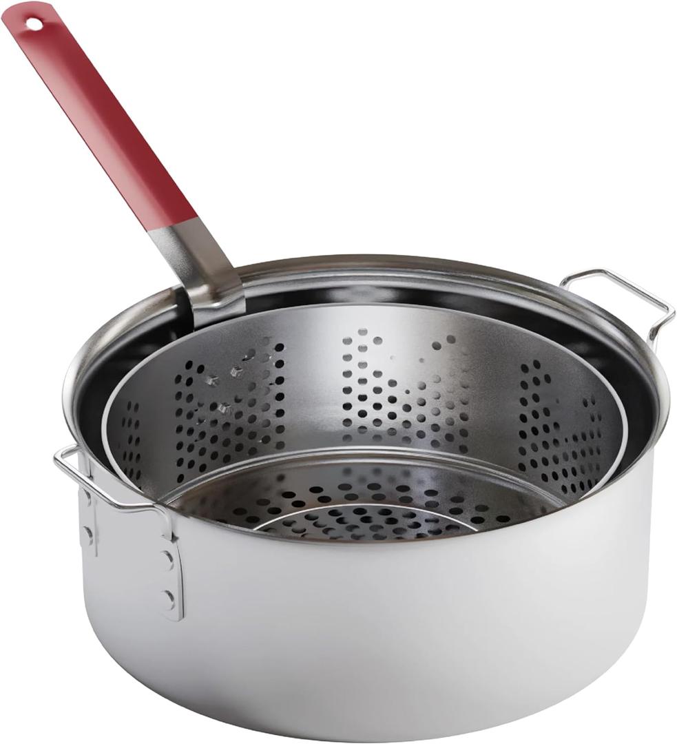 Gas One Aluminum Cooking Pot Deep Fryer with Basket  10QT Aluminum Fry Pot with Easy Grip Handle  Durable Food Grade Outdoor Fryer with Perforated Strainer Basket  Ideal for Seafood, Chicken