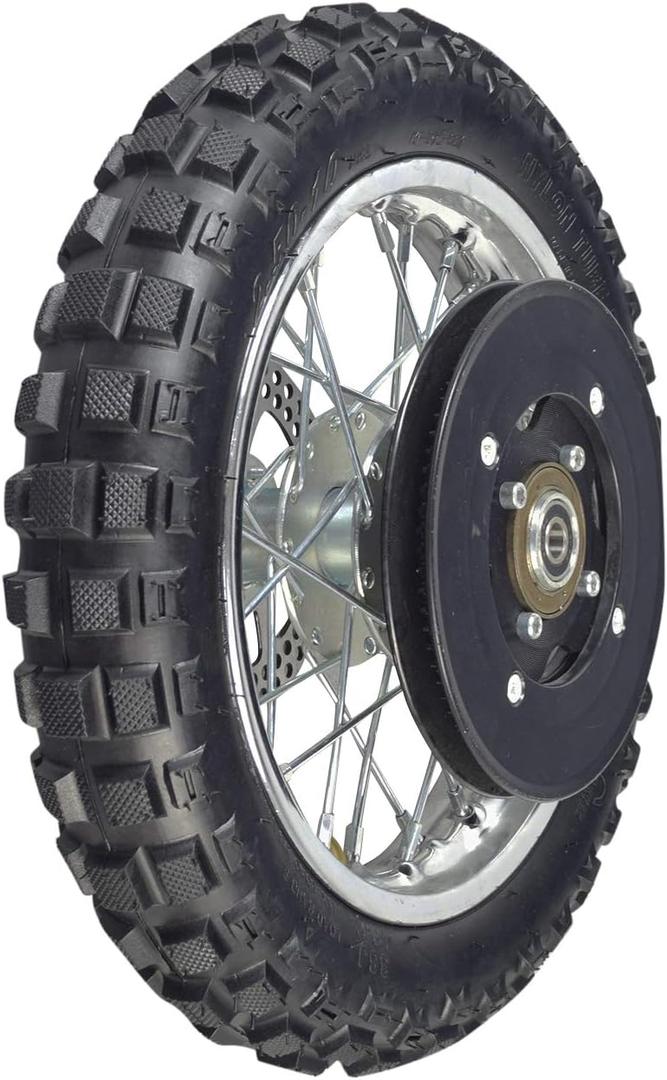 AlveyTech Rear Wheel Assembly for Razor MX500 and MX650 Dirt Rocket Bike - Replacement Kit with 2.5-10 Knobby Tread Tire, Inner Tube, Rim, Axle, Brake Rotor, 80 Tooth Sprocket, Freewheel, Chain Guard