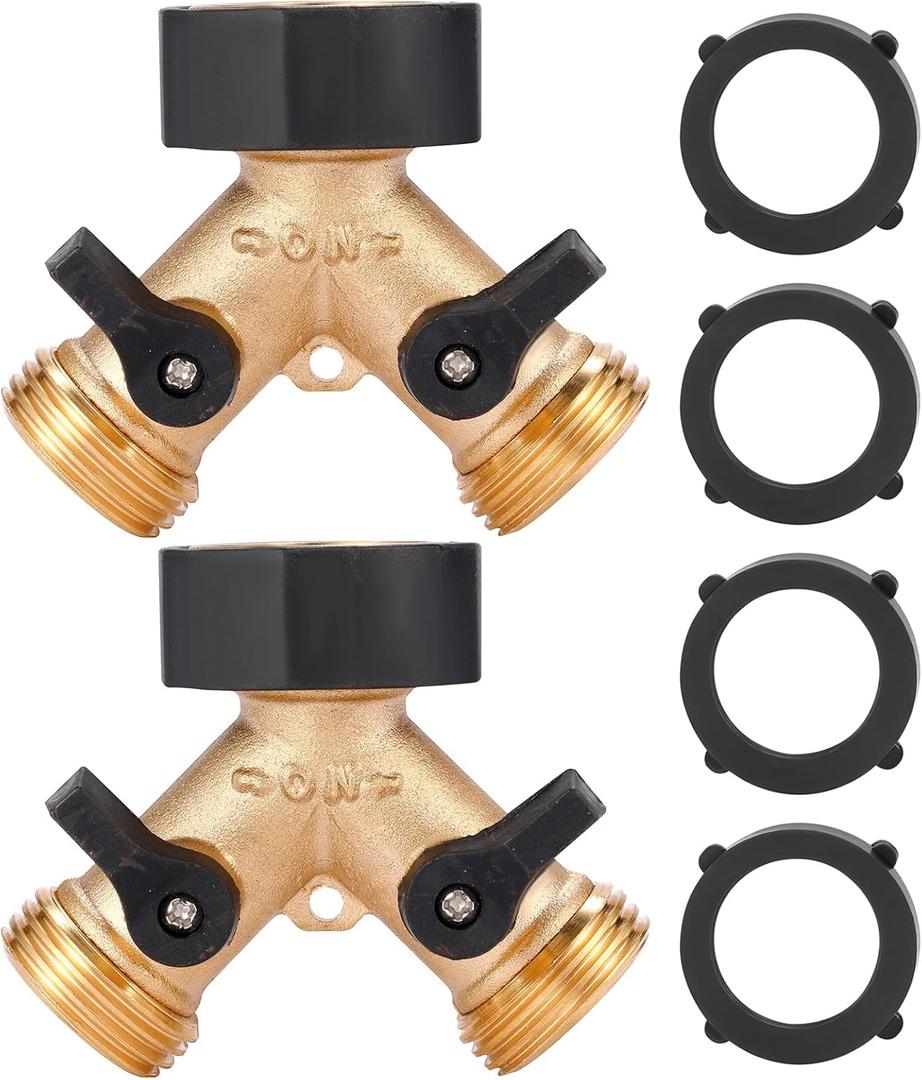 Garden Hose Splitter 2 Way Heavy Duty, Y Connector Brass Garden Hose Adapter, 2 Pack Hose Bib Splitter with 4 Extra Rubber Washers