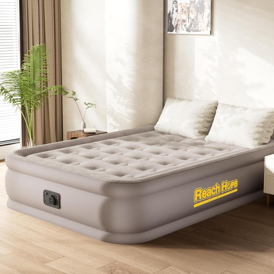 Air Mattress with Built in Pump Full, Plug-in Electric Pump Self-Inflatable Air Bed, Blow Up Travel Bed, Comfortable Airbed for Rental Home, Camping and Guests.(18" Height Full, Khaki)