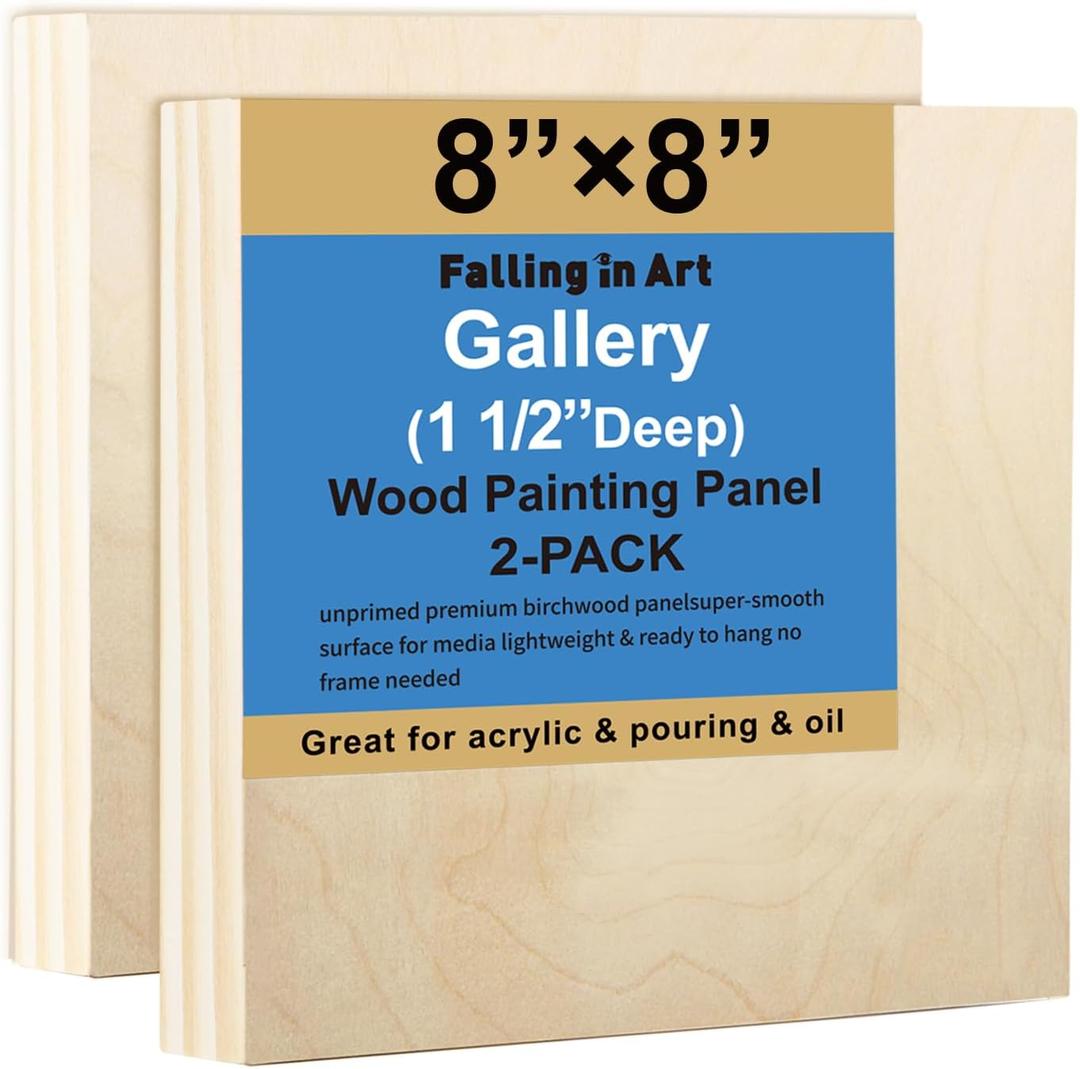 Falling in Art 2 Pack Unfinished Wooden Canvas Panels, 8x8 Gallery Birch Wood Panels Kit, 1 1/2" Deep Art Cradle Boards for Acrylic Painting, Pouring and Burning