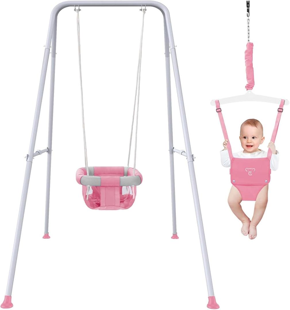 2 in 1 Baby Jumper with Swing - Indoor and Outdoor Use, Toddler Swing with Foldable Stand Pink