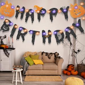 Enhon Halloween Birthday Party Decorations, Lighted Happy Birthday Banner with Orange and Purple String Lights, Spooky Indoor/Outdoor Front Door Garden Car Trailer Decor