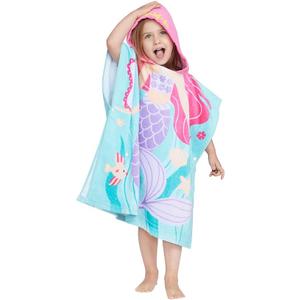 Gealaek 100% Cotton Hooded Towel for Toddlers 2-6 Years Boys Girls Kids Bath Pool Beach Towel Soft Absorbent Beach Poncho Little Mermaid