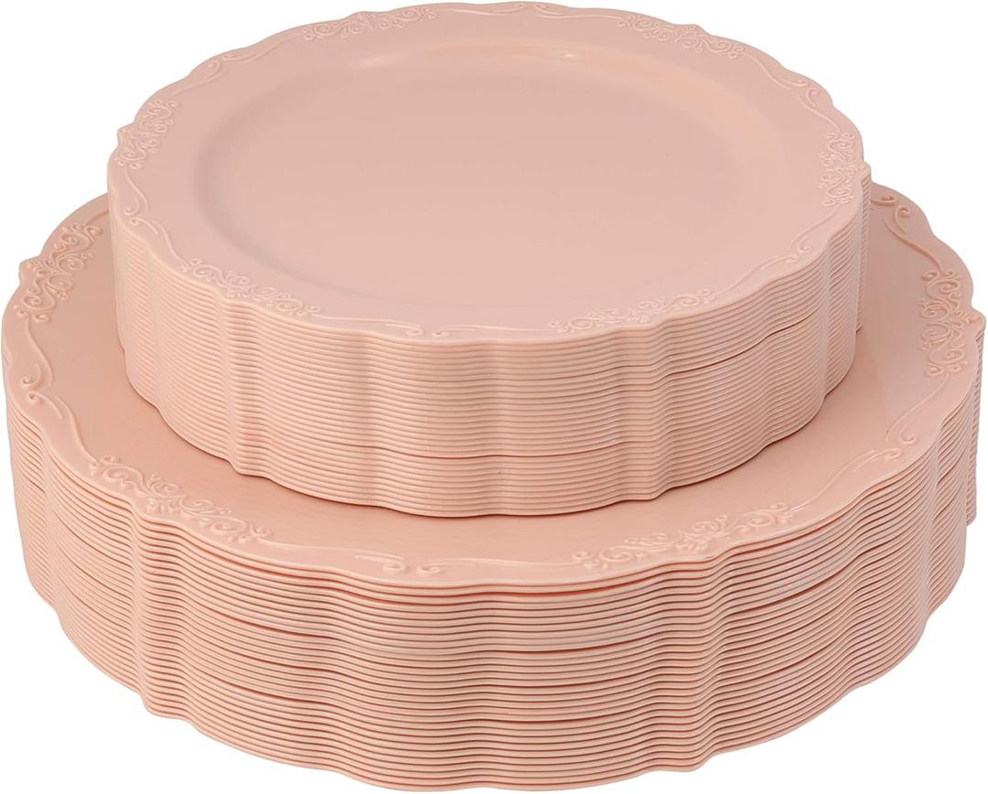 Posh Setting Posh Disposable Vintage Plastic Plates Set - Heavy Duty Vintage Dinnerware, 60 Pack with 30 Appetizer & 30 Dinner Plates for Wedding, Pink/Blush