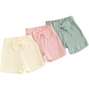 Toddler Baby Girl Shorts 3 Pack Solid Color Ribbed Elastic Waist Cottton Summer Bottoms Midi Shorts Casual Pants, Pink/Beige/Green