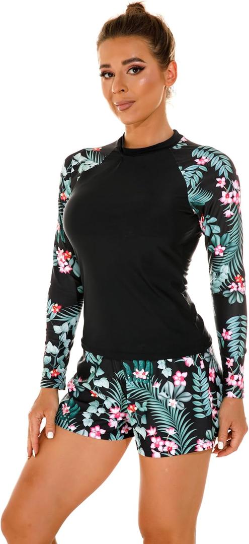 Women's Long Sleeves Rash Guard Athletic Swim Aztec Tankini Sets Swimsuit M