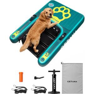 CETANA Inflatable Dog Boat Ramp with Deep Water Ladder, Crocodile EVA Non-Slip Platform, 210 lbs Floating Dog Pool Ramp, Portable Detachable Drop-Stitch Dog Dock Ramp with Tie-Down Ropes