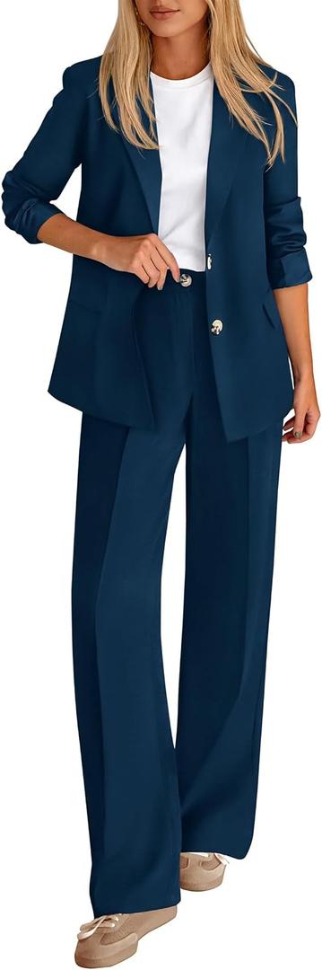 KIRUNDO Womens Suits 2 Piece Set Business Casual Blazer Jacket Wide Leg Dress Pants Suits Professional Work Office Outfits(Navy, Small)