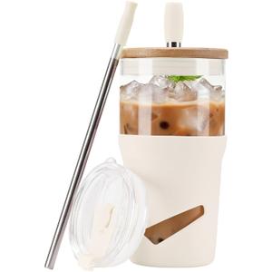 Glass Tumbler with Lids and Straws, 20 oz Iced Coffee Cup and Smoothie Cup with Bamboo Lid and On the go Lid,Glass Cups With Straws