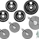 AMI PARTS 3 (6) WB31M20 & 1 (8) WB31M19 Black Porcelain Burner Drip Pans and 3 (6) WB30M1 & 1 (8) WM30M2 Electric Stove Burners Replacement Fit for G-E Hot-point Ken-more Electric Stove Burner