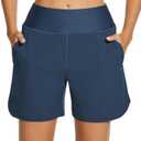 HODOSPORTS Women's 5'' High Waisted Swim Board Shorts with Pockets Liner Quick Dry Swimsuit Bottoms Trunks (S, Navy)