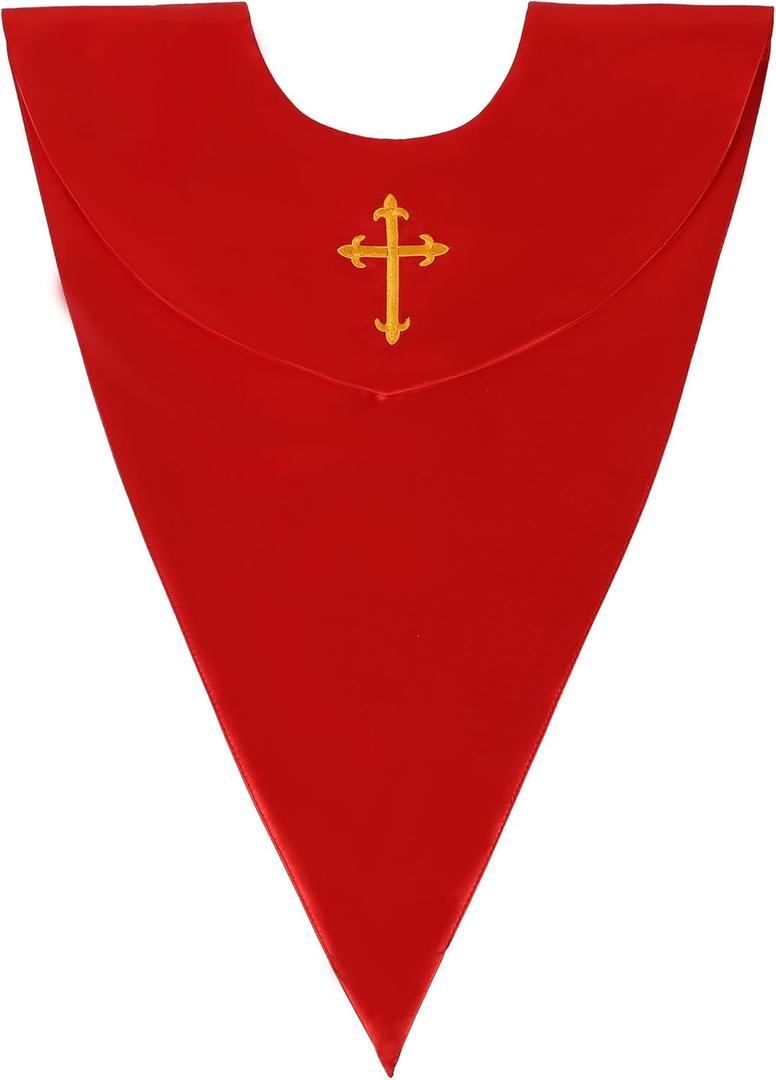 Erligo Unisex Classic V Shape Choir Solid Satin Stole with Embroidery Cross Reversible for Adults Church (Red)