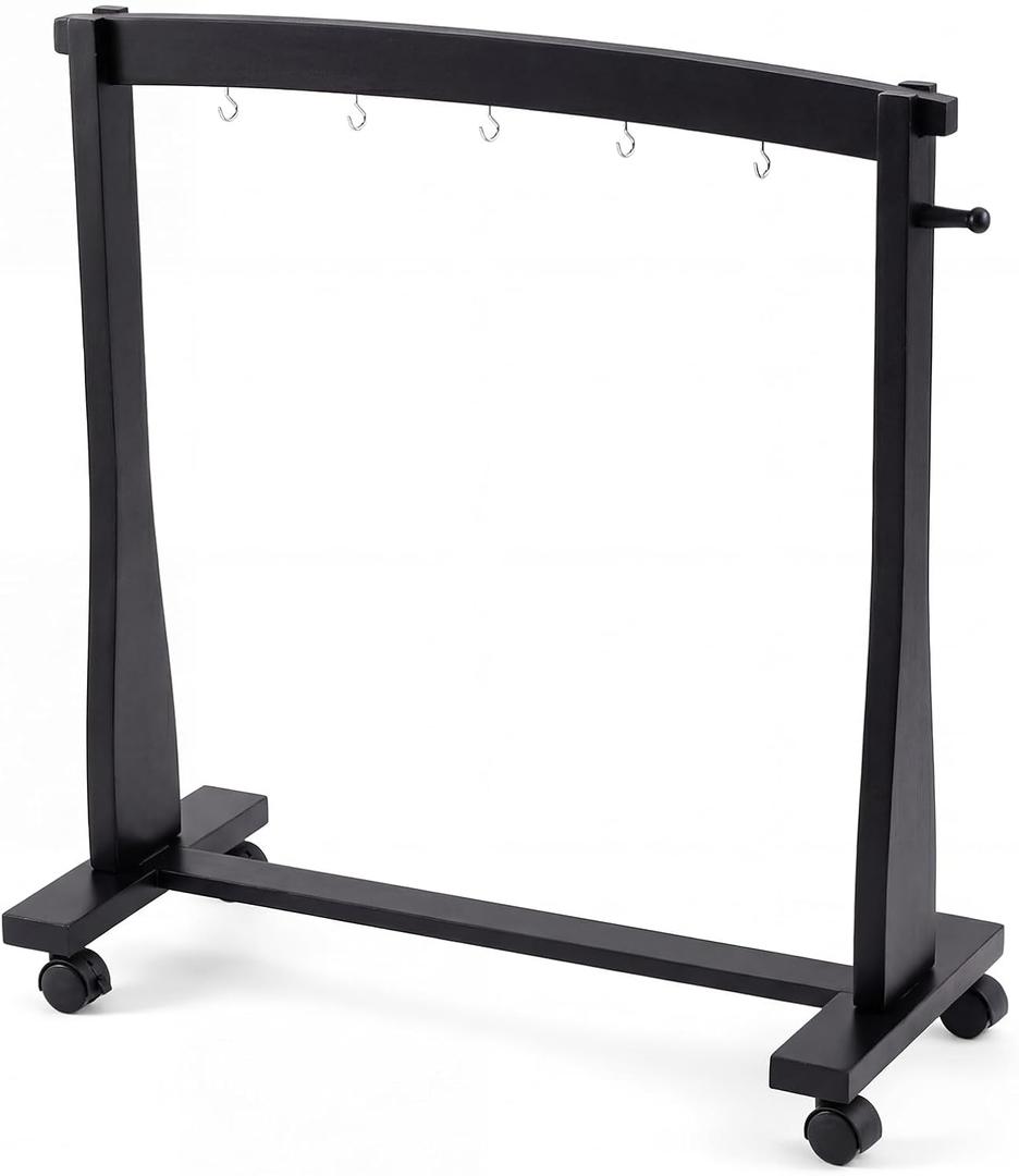 Ripeng Gong Chimes Wood Stand for 14 to 22 Gongs with Base for 1 Gong or 5 Chimes Wood Drum Stand with Brake Pulley for Sound Therapy and Meditation (Black, Style A)