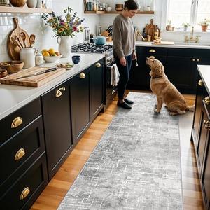 Washable 2x10 Kitchen Runner Rug: Abstract Farmhouse Bathroom Entryway Rug Soft Stain-Resistant Hallway Floor Mat Non-Slip Indoor Non-Shedding Carpet for Nursery Living Room Bedroom (2x10,Light/Grey)