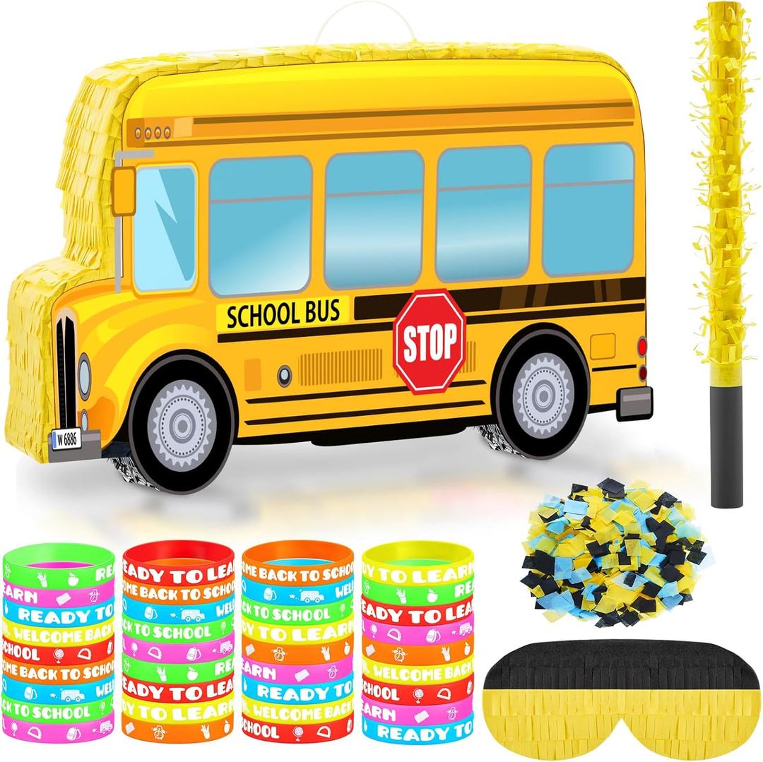 Jenaai School Bus Piata Back to School Decor Kit with 36 Pcs Ready to Learn Rubber Bracelets Silicone Wristbands for Classroom Decorations, Kindergarten Supplies, Bus Birthday Party Favors