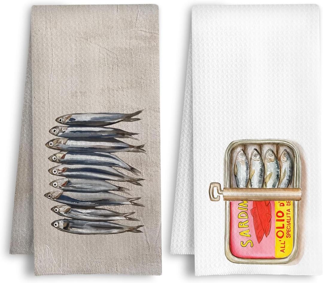 Vintage Beach Sardine Kitchen Towels, Coastal Sardine Fish Dish Tea Towels, Ocean Fish Lover Gifts Decorative Hand Towel for Bathroom Kitchen, 16x24 Inch Set of 2
