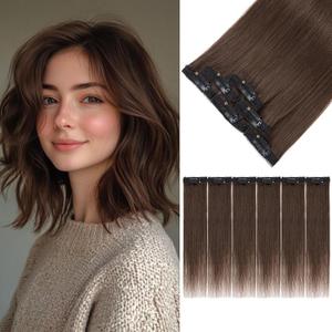 S-noilite 6Pcs Clip in Human Hair Extensions,Remy Single Short Clip in Hair Extensions 6Pcs 6clips Straight Dark Brown Seamless Hairpieces for Women 10Inch 31g