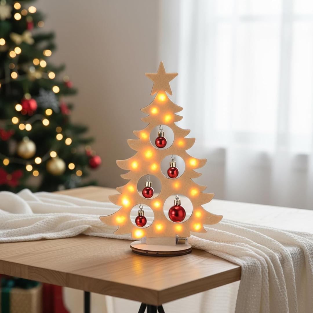 Geelin 12 Inch Christmas Tree Table Decor with Lights and Red Ball Wooden Xmas Tabletop Centerpiece Tree Statue Decoration for Xmas Winter Gift Fireplace Mantle Shelf Desktop Home