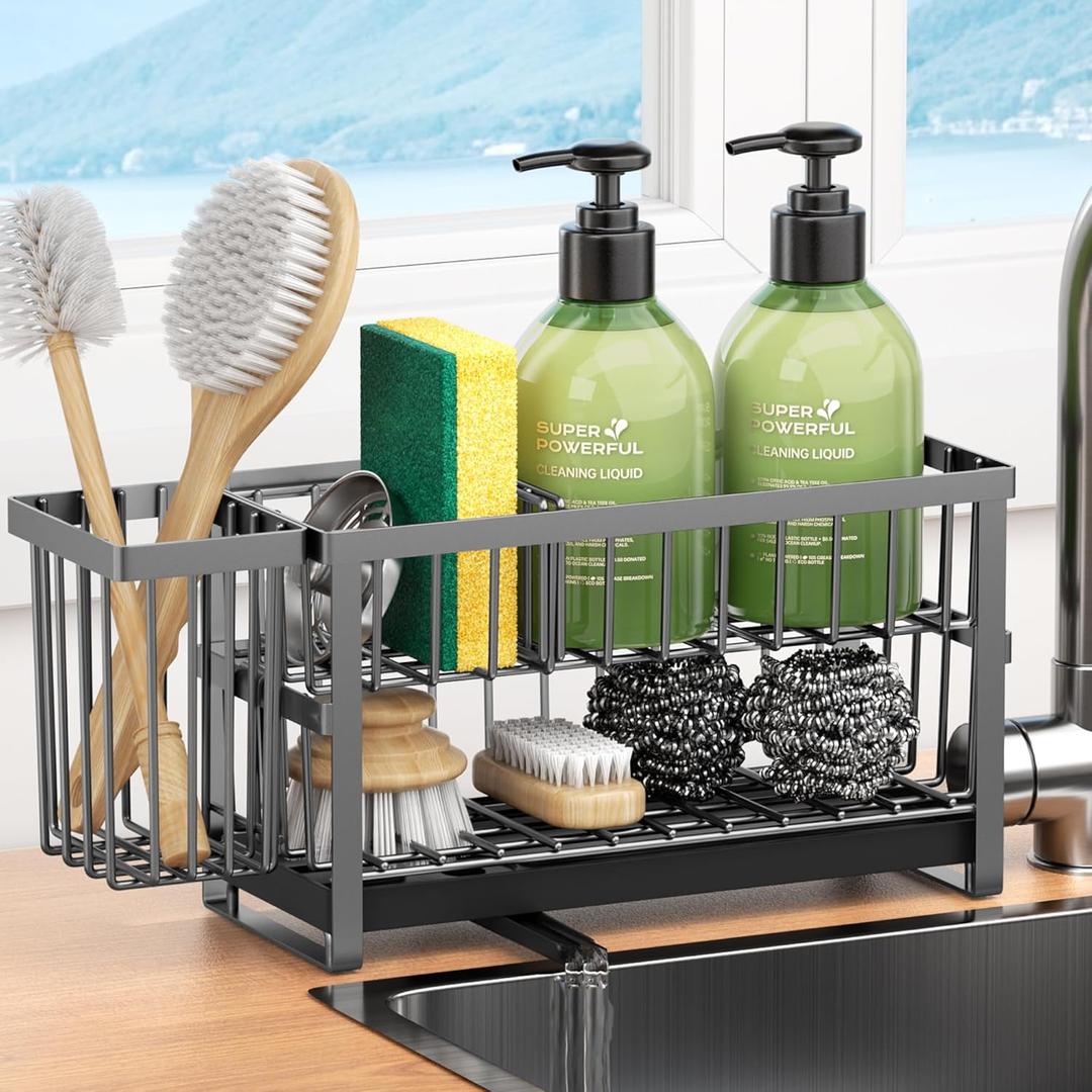 Sponge Holder for Kitchen Sink, 2 Tier Sink Caddy Organizer Countertop with Dish Brush Holder and 360 Drain Tray, Rustproof Stainless Steel Dish Soap Storage Rack Set for Accessories Grey (Gray)