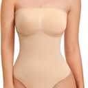 Strapless Thong Bodysuit for Women Seamless Tummy Control Shapewear Body Shaper -Removable Strap Tube Top Leotard (Small, Beige)