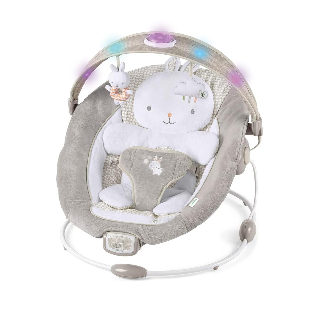 Ingenuity InLighten Baby Bouncer Infant Seat with Light Up -Toy Bar, Vibrations, Tummy Time Pillow & Sounds, 0-6 Months Up to 20 lbs (Twinkle Tails Bunny)