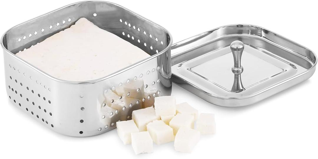 Stainless Steel Square Paneer Maker/Mould/Strainer Perfect for Making Delicious Tofu, Stainless Steel Paneer Maker with Top Pressing Lid - Size 5.11"W x 5.11"L x 2.3"H inches