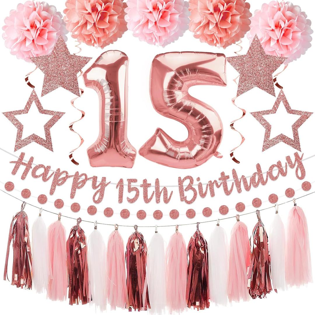 Kuxriox 13Pcs Birthday Decorations for Girls, Pink Rose Gold Happy Birthday Banner and Balloons, Glittery Bday Tissue Pompoms, Circle Dots Garland, Tassel Garland Party Supplies