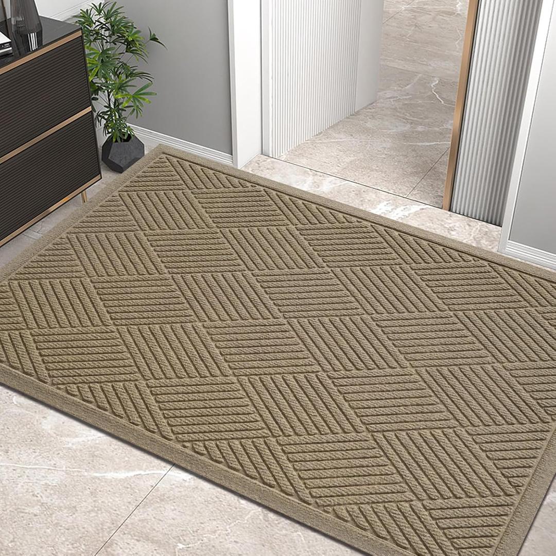 Sturdy Front Door Mat, Absorbent Muddy Dirt Resist Welcome Door Mats Outdoor Indoor, Stain and Fade Resistant, Non-Slip Rubber Backing Low Profile Doormat for Entryway, 6036, Beige (3' x 5' (Rectangular))