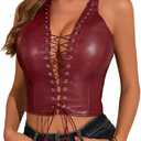 Women's PU Leather Halter Top Lace Up Front Crop Tank Tops Sleeveless Backless Sexy Corset Camisole Party Clubwear (Wine Red, XS)