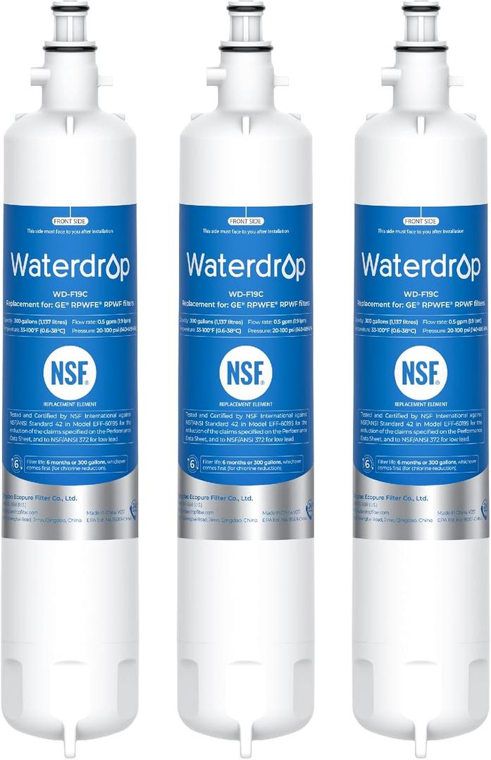 Waterdrop WD-F19C Replacement for GE RPWFE, RPWF (with CHIP) Refrigerator Water Filter, Compatible with GFE28GBLTS, GFE28GGKBB, GFE28GSKSS, PFE28KSKSS, PFE28KMKES, 3 Pack (Packaging May Vary)