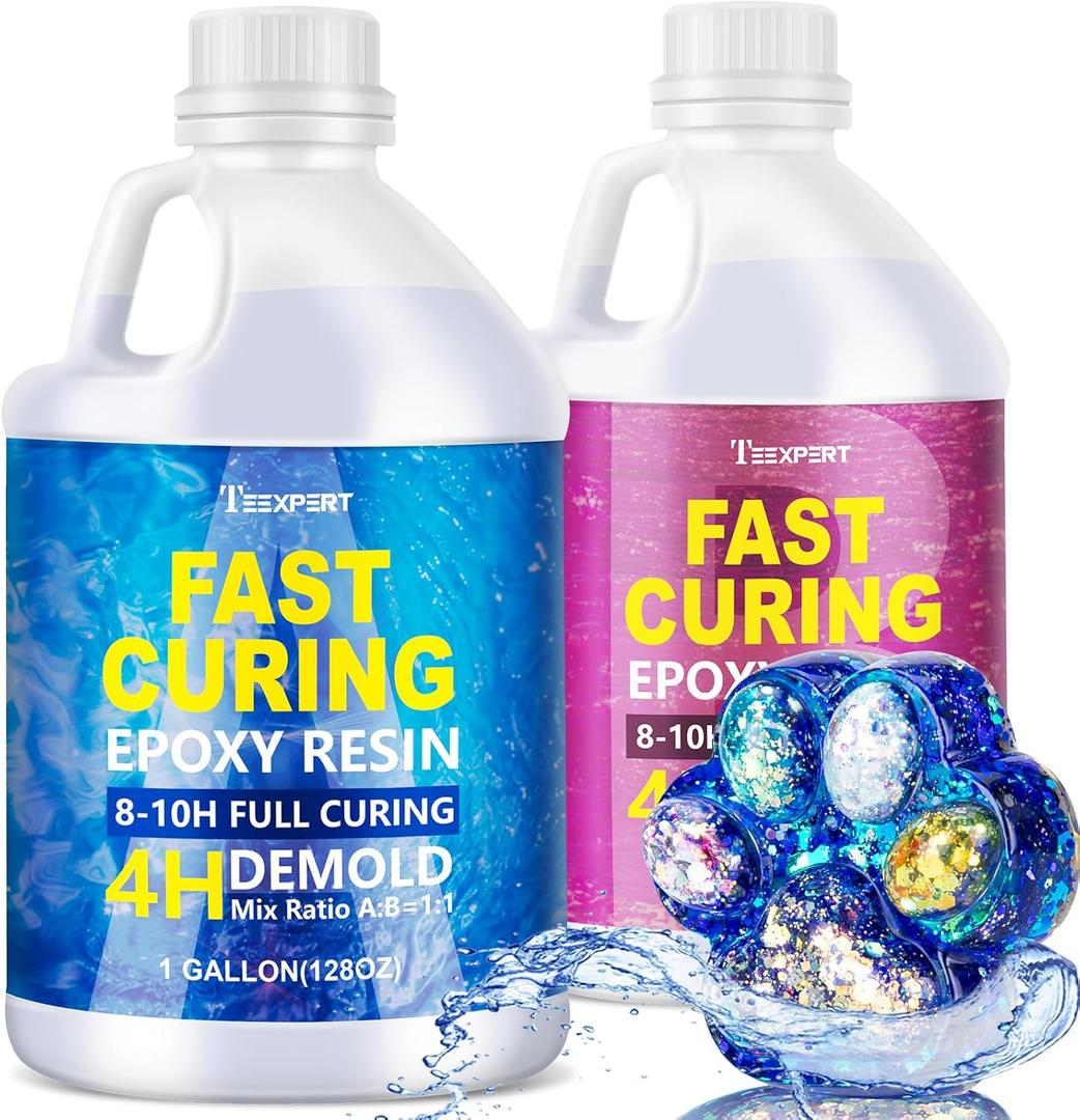 Teexpert Epoxy Resin - Fast Curing Resin 2 Gallon 4 Hours Demold Crystal Clear & Self-Leveling Casting Resin 8-10 Hours Quick Cure Epoxy Resin Kit for Jewelry, Ring, Keychains, Coaster, Wood, Molds (256 OZ)