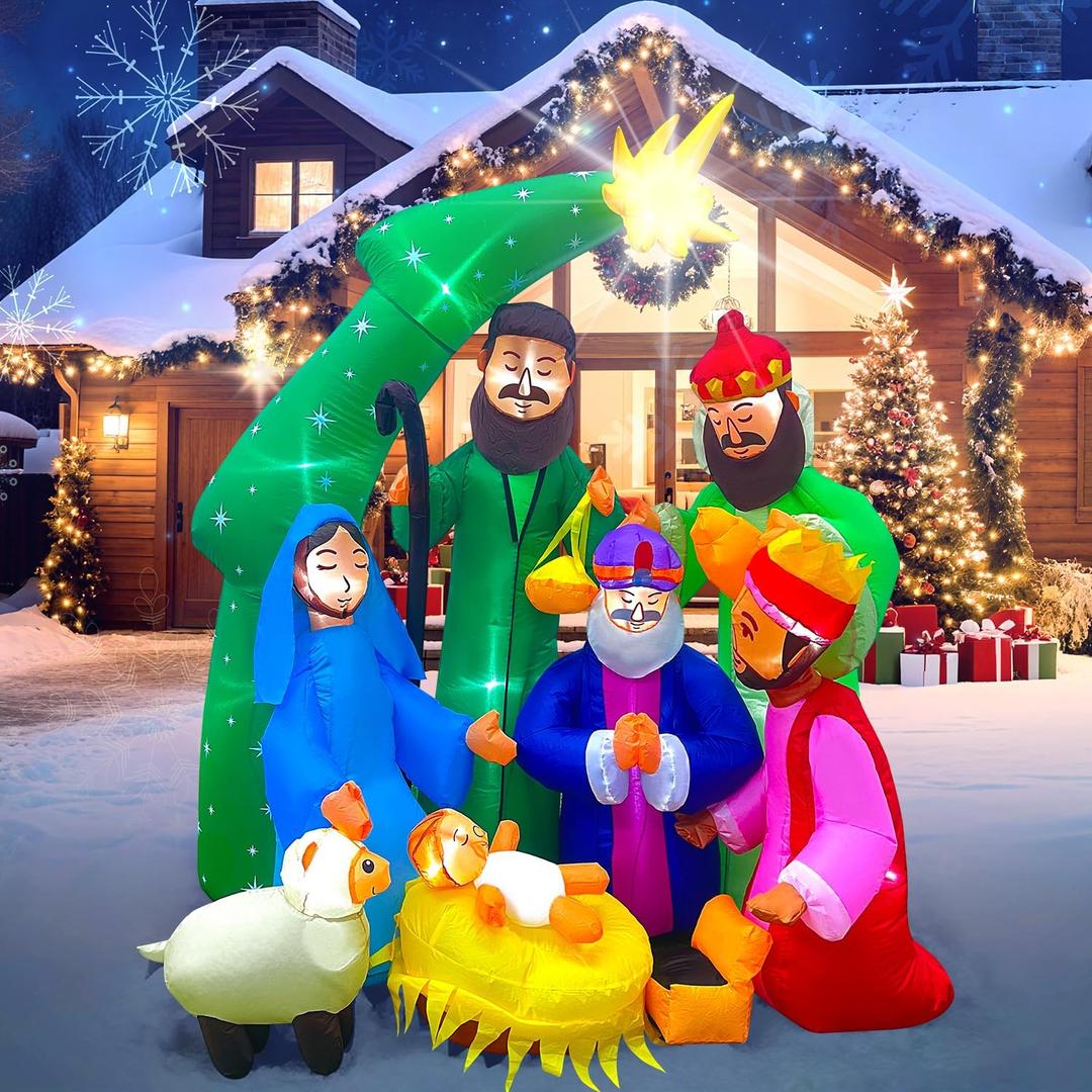EAONE 7FT Christmas Inflatable Nativity Scene Outdoor Decorations, Christmas Blow Ups Yard Decorations Nativity Sets with 1.5 Meter String Lights for Garden Lawn Xmas Holiday Decor