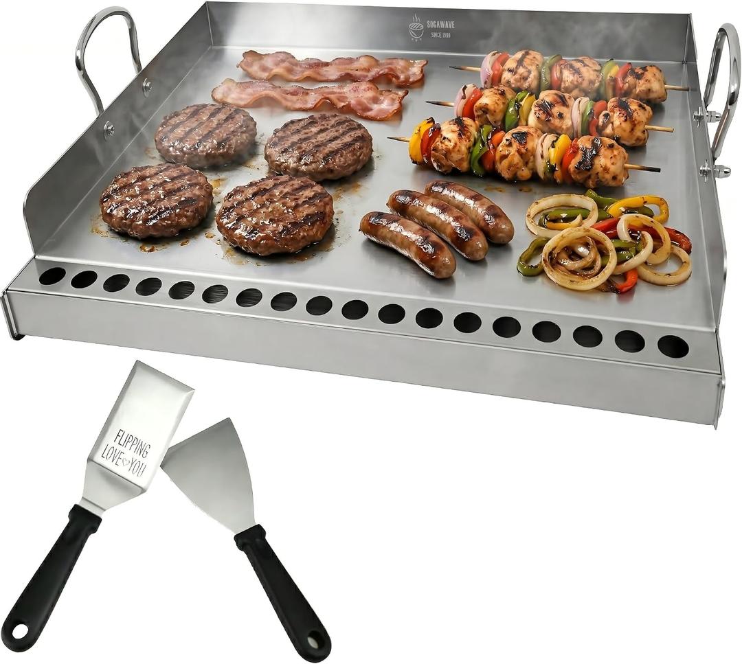 Universal Stainless Steel Flat Top Griddle Insert for Gas & Charcoal Grills Nonstick, Even Heating & Easy Clean, Includes Turner & Scraper, Ideal for Outdoor BBQ, Tailgating & Camping, 23" x 16"