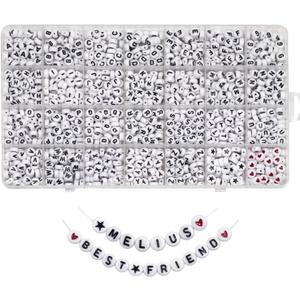 Melius Acrylic Letter Beads, 1450 Pcs 4x7mm Round Alphabet Beads in 28 Grid Box for Jewelry Making, DIY Bracelets (4x7mm, White)