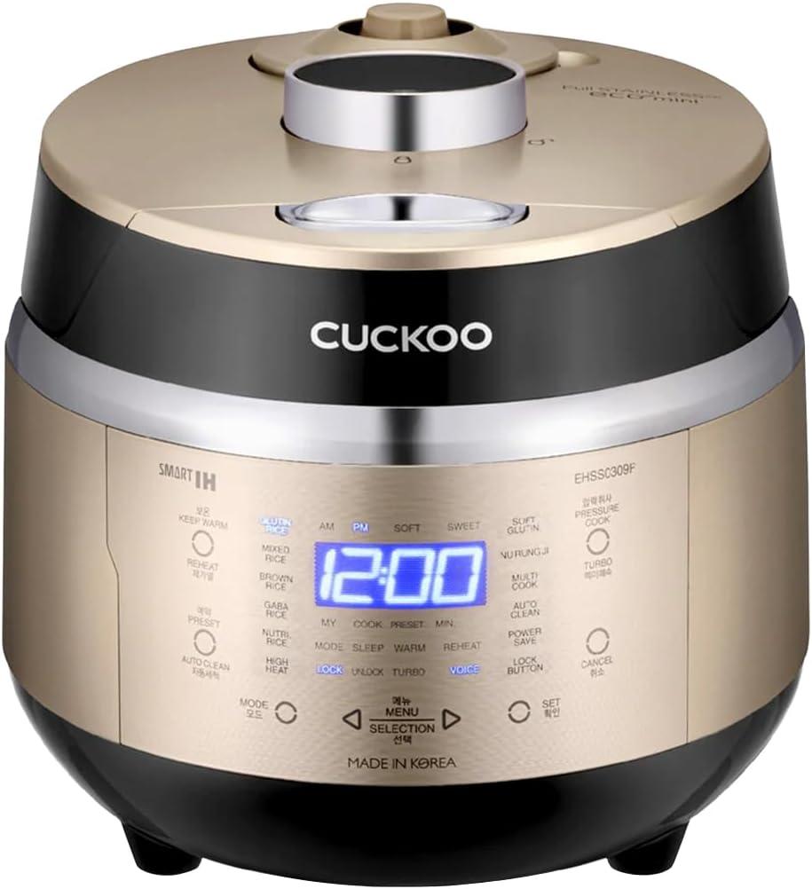 CUCKOO High Pressure Rice Cooker 3-Cup Uncooked / 6-Cup Cooked with Induction Heating Technology, Small Rice Maker with 16 Menu Options and Steam Plate, Voice Guide, Gold (CRP-EHSS0309F)