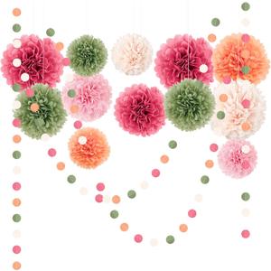 NICROLANDEE Wedding Party Decorations - 15Pcs Pink, Sage Green, Ivory Tissue Paper Pom Pom for Birthday Pastel Decorations, Engagement Baby/Bridal Shower Anniversary Valentine Dot Paper Backdrop Decor (Bloom)