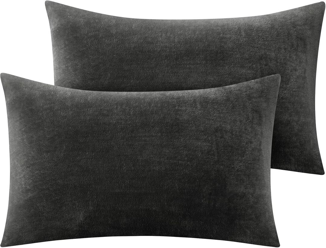 BEDELITE Flannel King Size Pillow Cases Set of 2, Super Soft Fleece Pillowcases with Zipper for Bedroom, Sofa, Couch,Luxury Cozy Fuzzy Velvet Pillow Shams for All Seasons(20x36 Inches,Dark Gray)