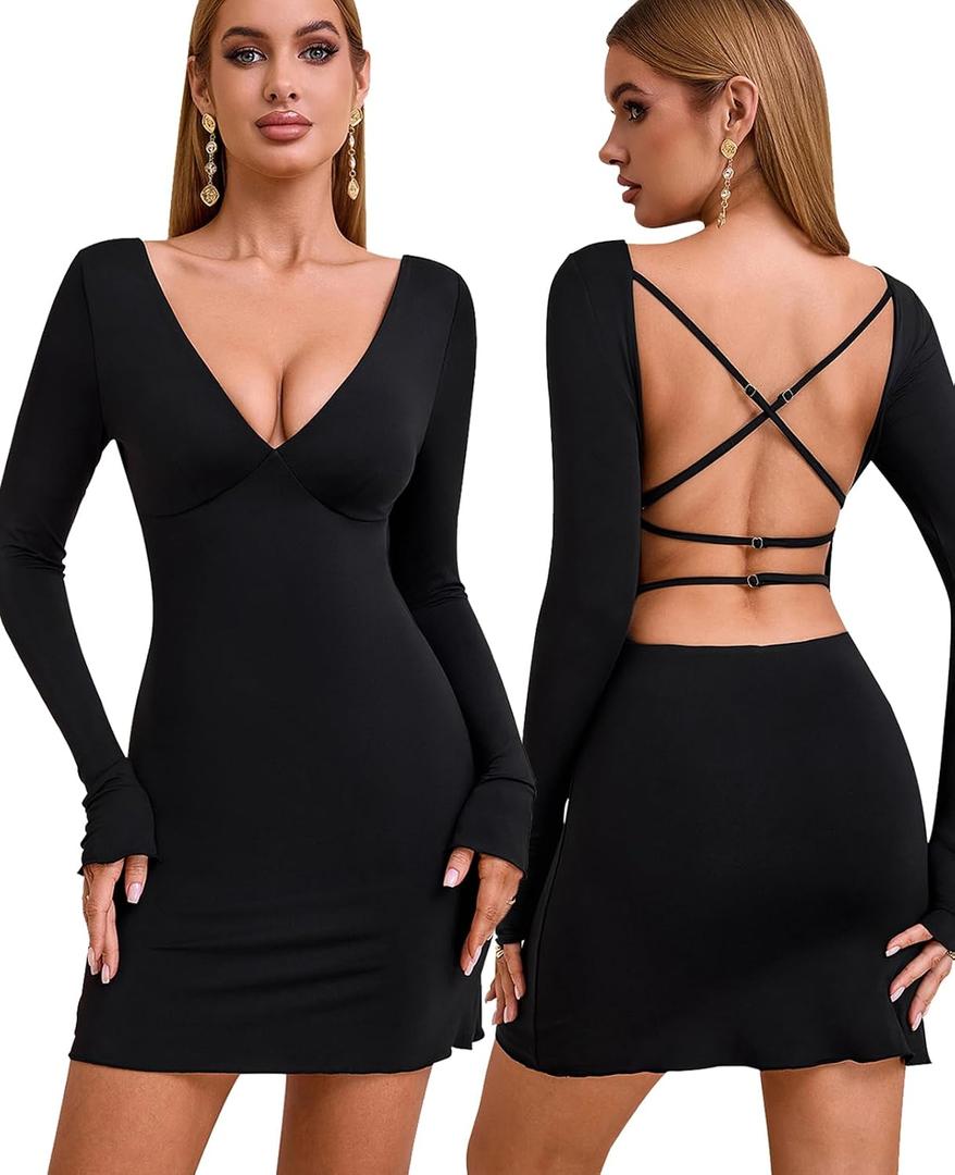GLNEGE Long Sleeve V-Neck Bodycon Mini Dresses Sexy Backless Cocktail Party Club Night Out Dress for Women (Black, M)