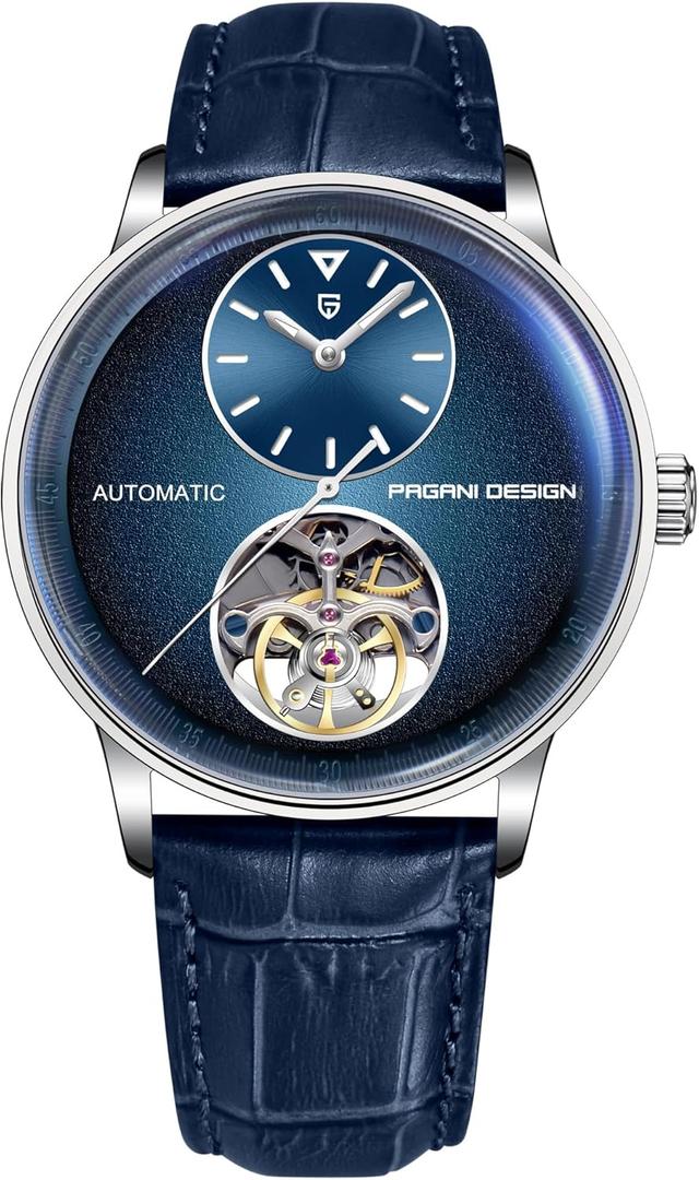 Pagani Design Men's Automatic Mechanical Watch Exposed Mechanical Movement 42mm 316L Stainless Steel with PU Leather Strap 100m Water Resistant (10ATM) Self-Winding Sapphire Crystal Glass (Blue)