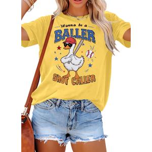 Women Baseball Mom Graphic T-Shirt Vintage Print Short Sleeve Tee Game Day Softball Fan Tops Soft (Yellow, L)