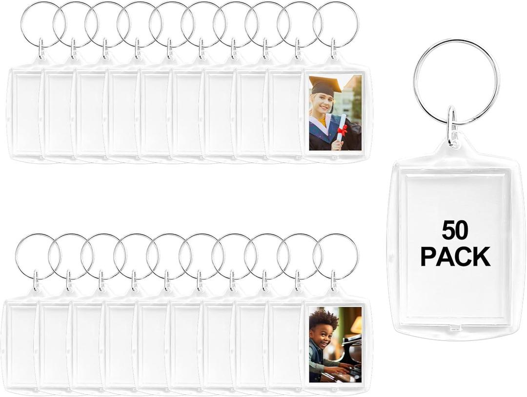BRT Bearingshui 50pcs Pendant Picture Frame Keyrings, Clear Acrylic Photo Frame Keyring Holder, Make Your Own Personalized Keyring Kit, Rectangle Blank Photo Insert Keychain for DIY Craft