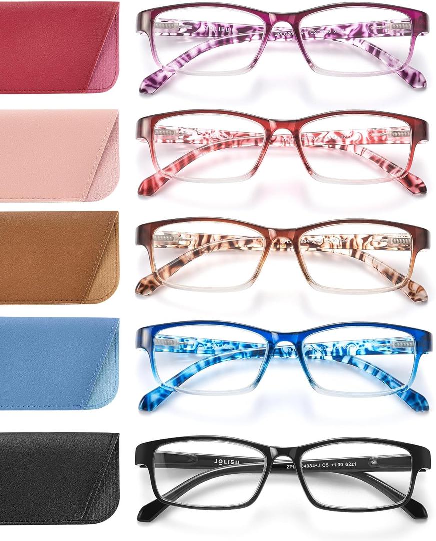 Reading Glasses for Women: 5 Pack Blue Light Blocking Readers for Small Face, Lightweight Spring Hinge Anti-Glare (Purple+rose Red+caramel+blue+black)