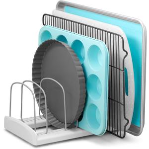 YouCopia StoreMore Bakeware Rack with Tall Steel Wires, Adjustable Pan and Lid Organizer, Classic Edition  White, Alloy Steel & Plastic, 11.5W x 7.3D x 6.4H, Customizable Shelf