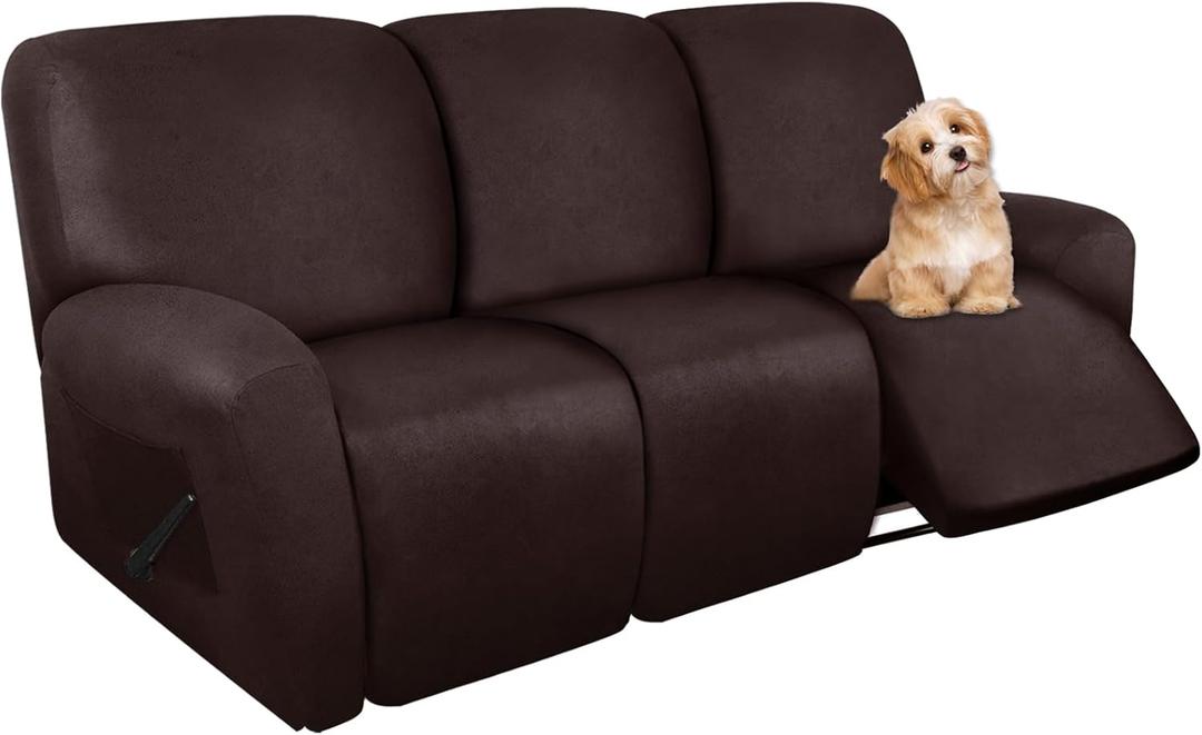 molasofa Recliner Sofa Covers - 8 Pieces Stretch Leather Like Large Couch Covers for 3 Seats Reclining Slipcovers Soft Jacquard Pattern Furniture Protector with Elastic Bottom (Chocolate) (Standard 3 Seater)