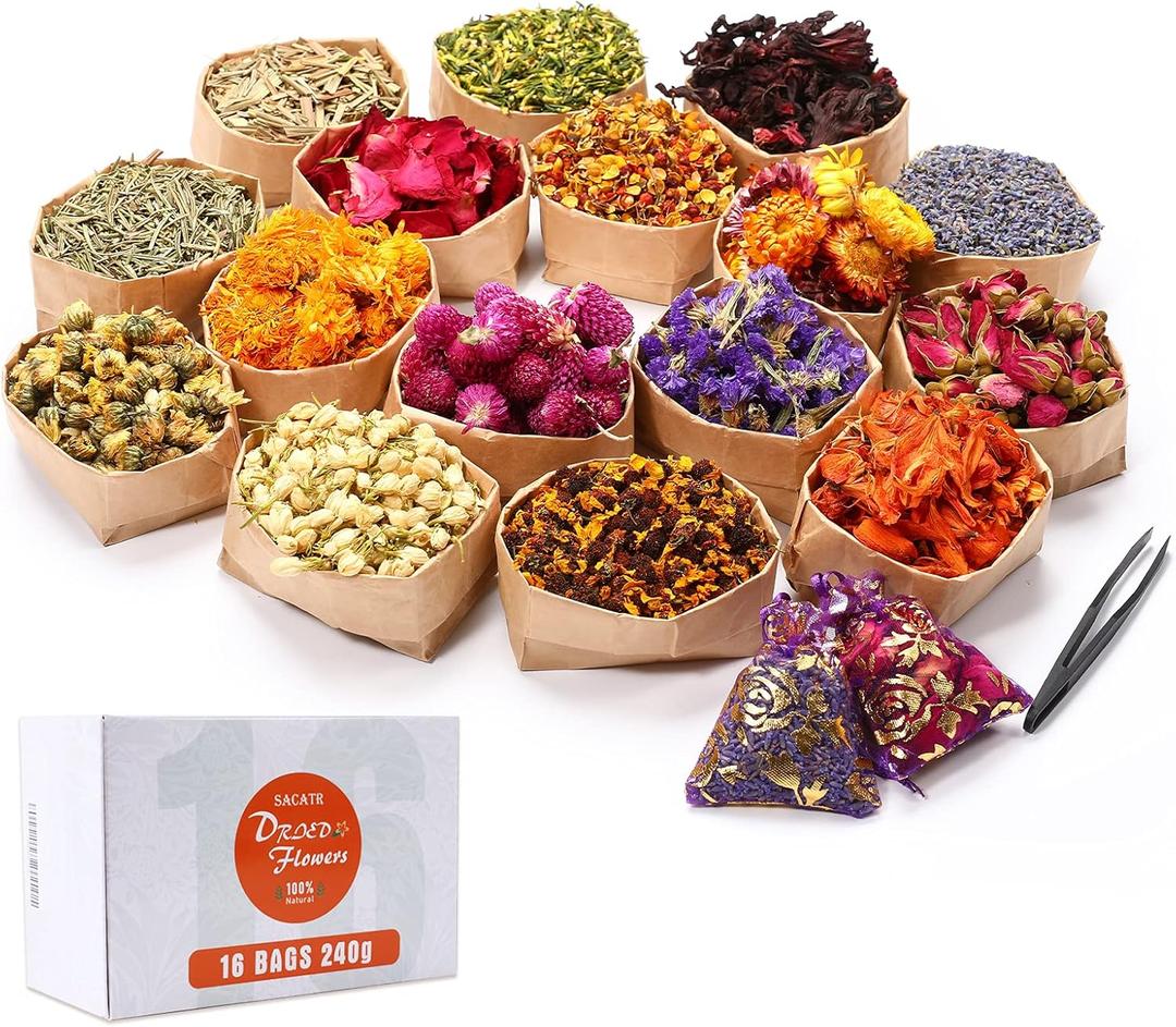 15g/Bag Dried Flowers,100% Natural Dried Flowers Herbs Kit for Soap Making, DIY Candle Making,Bath - Include Rose Petals,Lavender,Don't Forget Me,Lilium,Jasmine,Rosebudsand More(16 Bags)