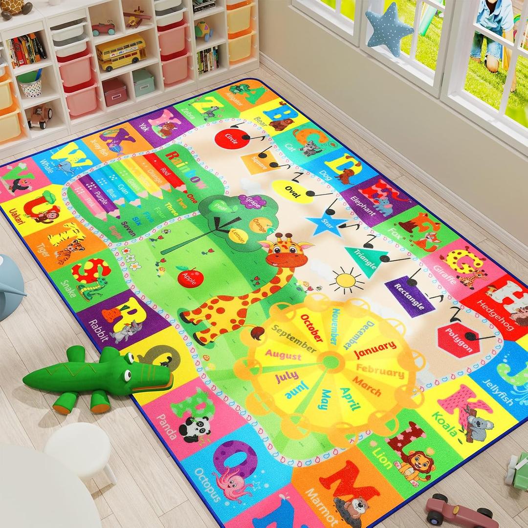 7x10 Playroom Rugs for Kids Washable, Educational and Fun Playmat with ABC Alphabet Animals Shapes Colors, Non-Slip Play Mat Learning Rugs for Baby Toddler Children Game Activity