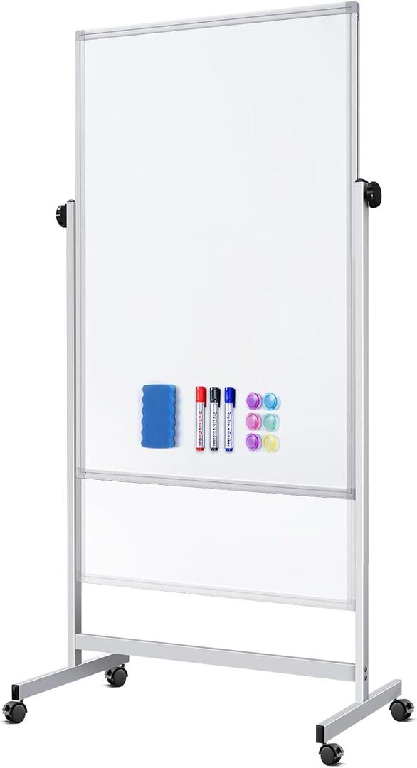 Rolling Whiteboard on Wheels, 32x48 Inches Double-Sided Magnetic Dry Erase Board with Stand, Height Adjustable Mobile White Board Easel for Classroom Home Office