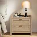 SICOTAS Rattan Nightstand Bedside Table - Night Stand with Type-C Charging Station, 2 Drawers Storage - Boho Night Stands End Table for Bedroom - Light Oak