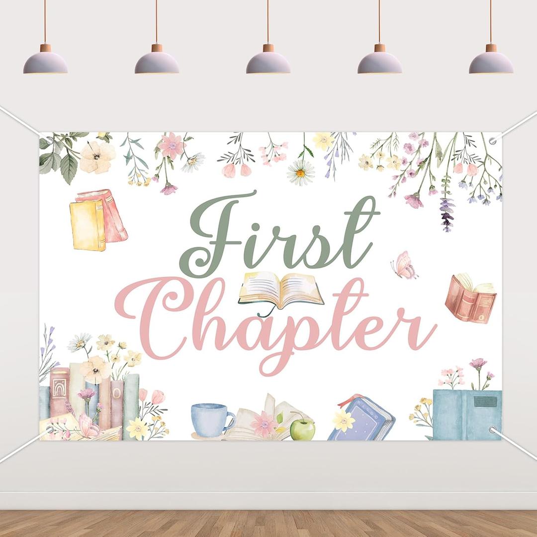 Book 1st Birthday Decorations Girl 5 * 3ft First Chapter Birthday Backdrop Banner Pink Green First Chapter Bday Decor Storybook 1st Bday Supplies for Floral Book Reading Party